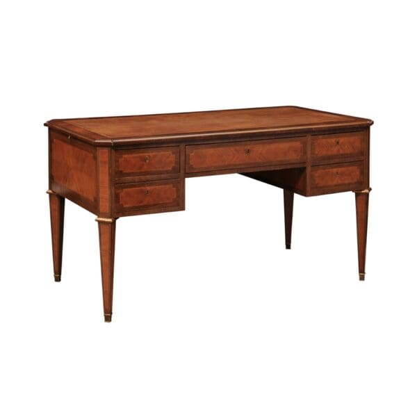 French Directoire Style Writing Table in Walnut and Kingswood with Brown Leather Top,  5 Drawers and Slides, 20th Century - Image 2