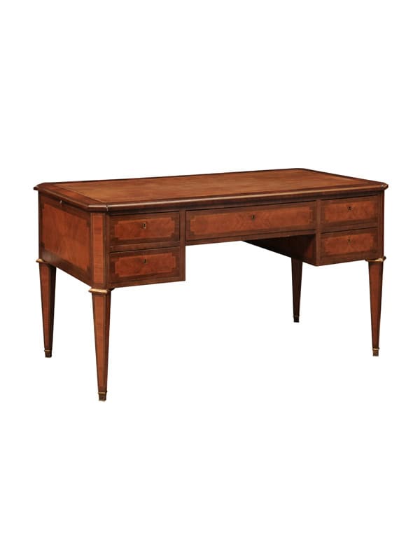 French Directoire Style Writing Table in Walnut and Kingswood with Brown Leather Top,  5 Drawers and Slides, 20th Century