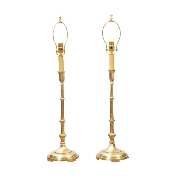 Pair of Tall Solid Brass Faux Bamboo Candlesticks, Wired as Lamps, Early 20th Century - Image 2