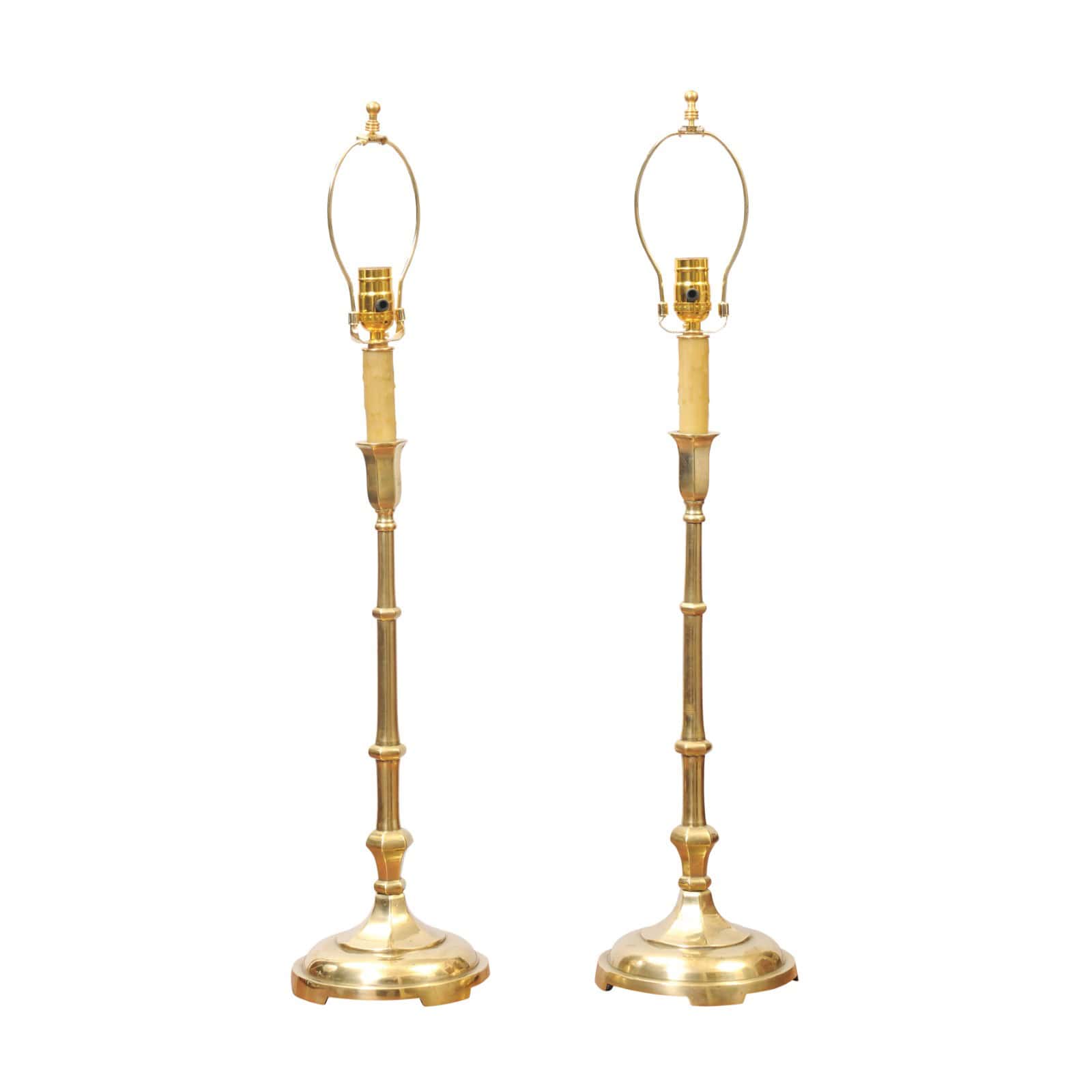 Pair of Tall Solid Brass Faux Bamboo Candlesticks, Wired as Lamps, Early 20th Century - Image 2