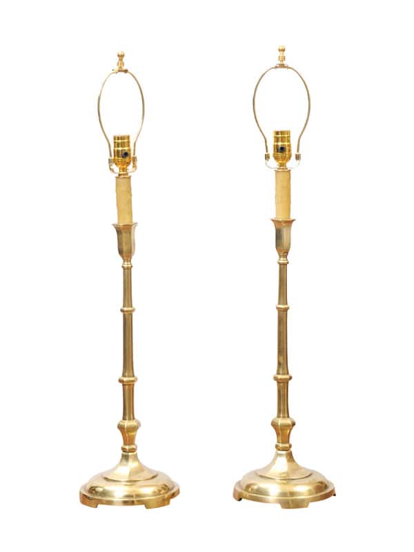 Pair of Tall Solid Brass Faux Bamboo Candlesticks, Wired as Lamps, Early 20th Century