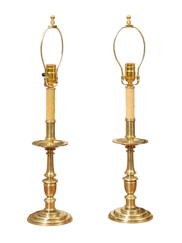 Pair of Vintage Solid Brass Candlesticks Lamps, 20th Century