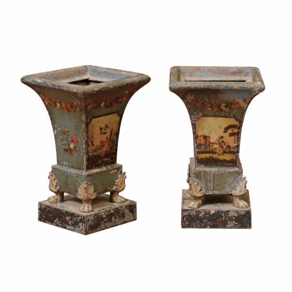 Pair of 19th Century French Blue Painted Tole Cachepots with Landscapes - Image 2