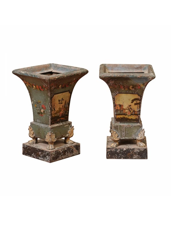 Pair of 19th Century French Blue Painted Tole Cachepots with Landscapes