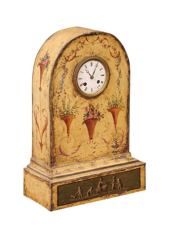 Floral Painted Tole "Borne" Mantle Clock, France 19th Century
