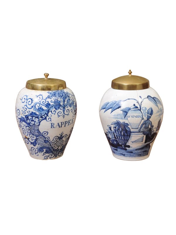 Set of 2 18th Century Dutch Blue & White Tobacco Jars. 1 with hairline crack to secure.