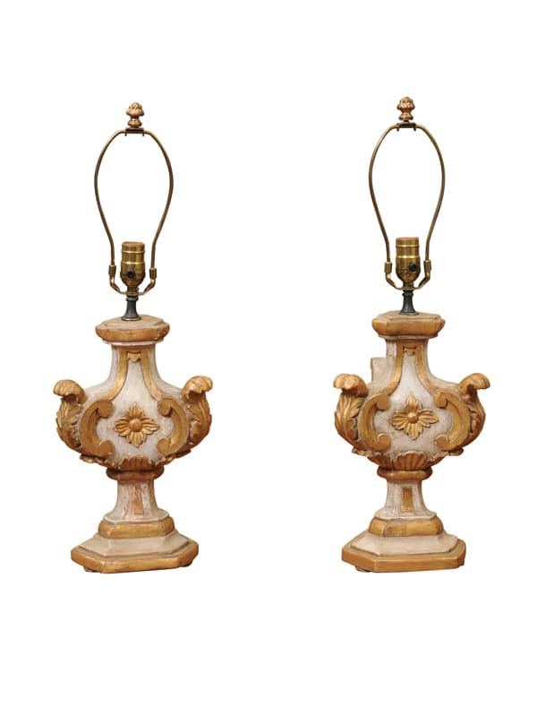 Pair of Italian Painted & Parcel Gilt Architectural  Elements, Wired as Lamps, ca. 1890