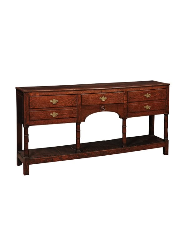 Late 18th Century English Oak Dresser Base with 5 Drawers, Arched Detail and Pot Board Below