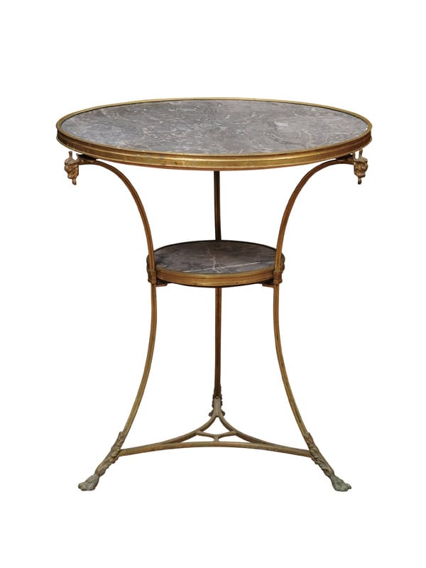 19th Century French Louis XVI Style Gueridon in Bronze with Grey Marble Top and Rams Head Detail