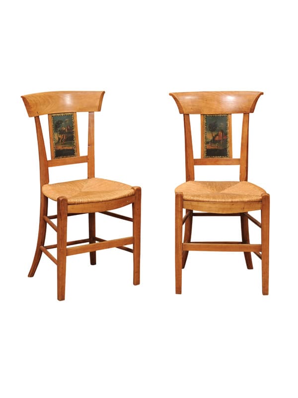 Pair of French Directoire Side Chairs with Rush Seats & Painted Backsplats, ca. 1800
