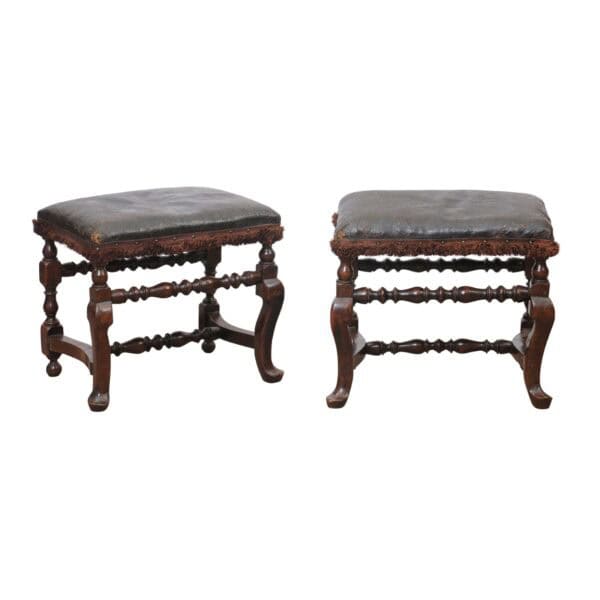 Pair of 19th Century Italian Baroque Style Walnut Benches with Leather Upholstery - Image 2