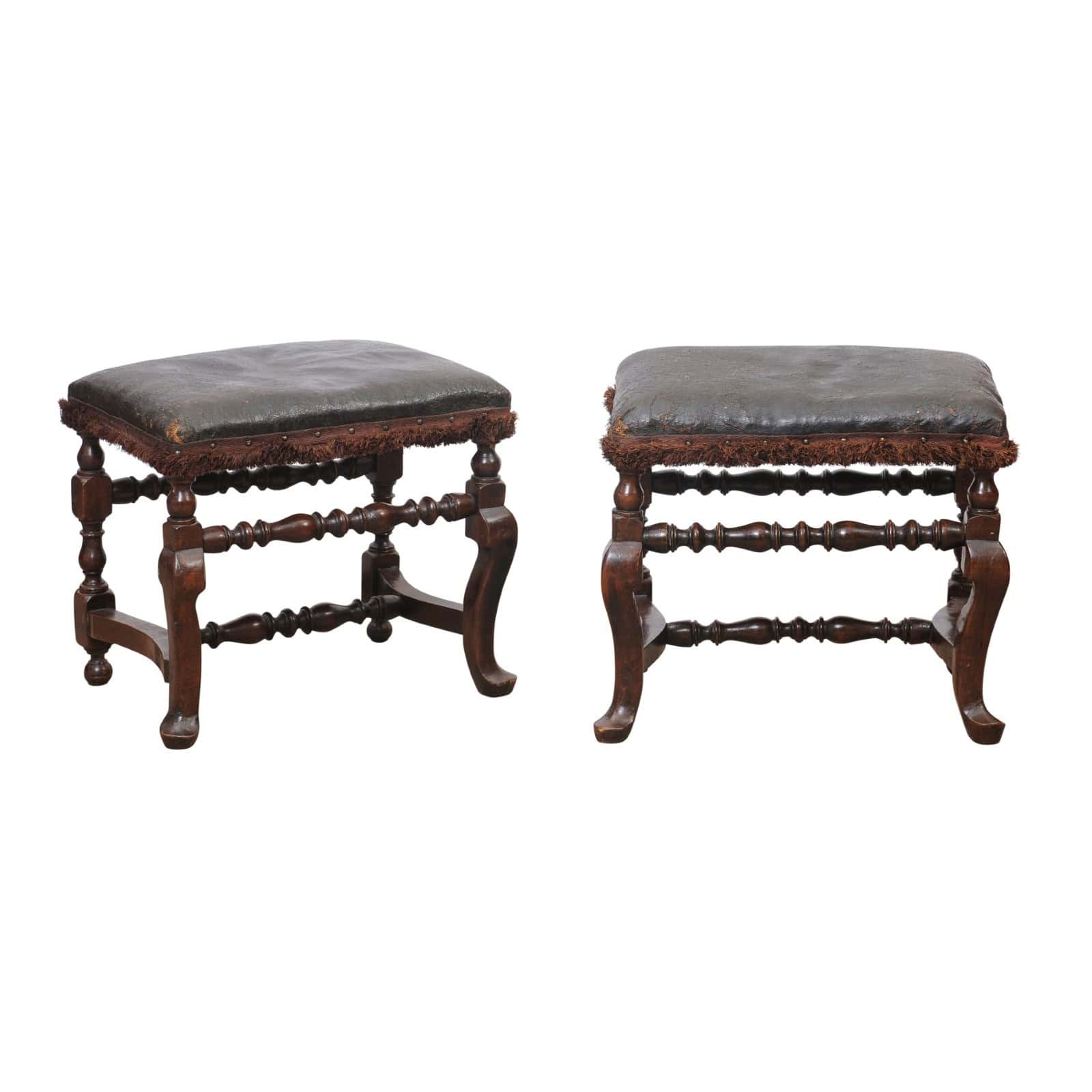 Pair of 19th Century Italian Baroque Style Walnut Benches with Leather Upholstery - Image 2