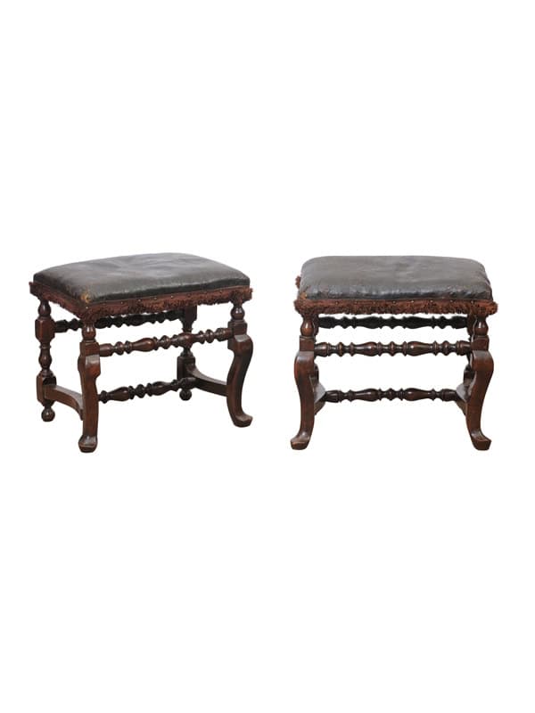 Pair of 19th Century Italian Baroque Style Walnut Benches with Leather Upholstery