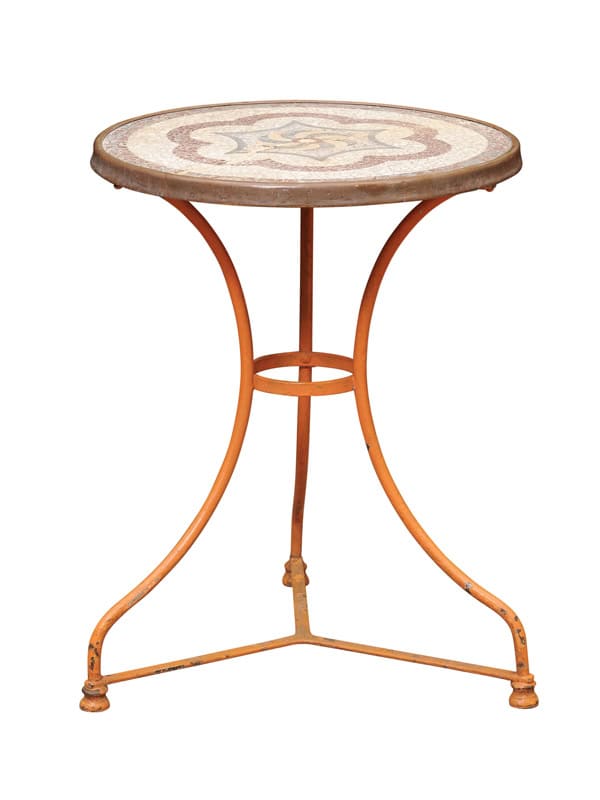 Orange Painted Iron Bistro Table with Mosaic Ceramic Top, France ca. 1900
