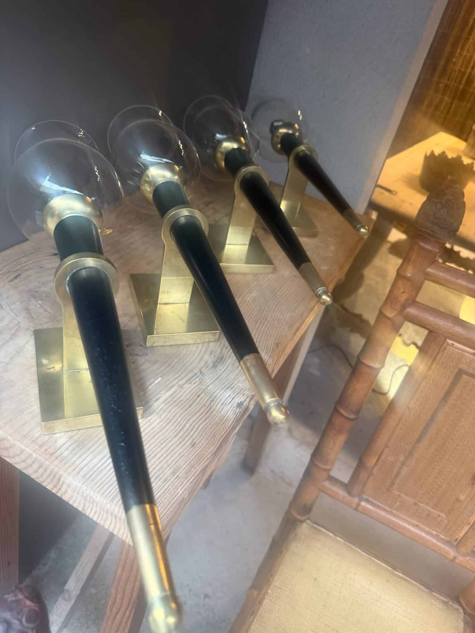 Set of 4 French Ebonized Wood & Brass Wall Sconces / Torchieres