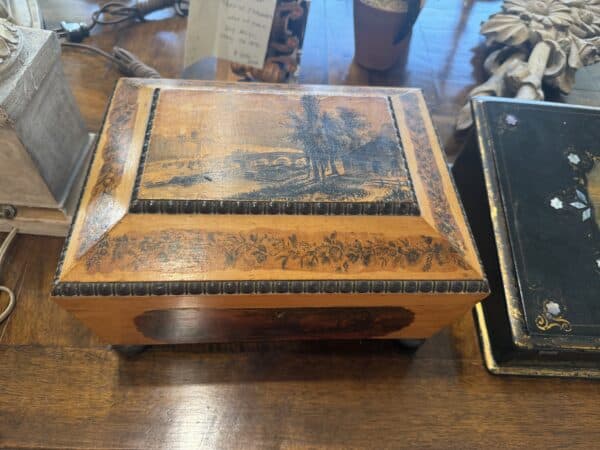 19th Century English Stencil Work Box with Landscape Scene and Ebonized Detail