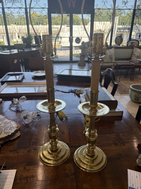 Pair of Vintage Solid Brass Candlesticks Lamps, 20th Century