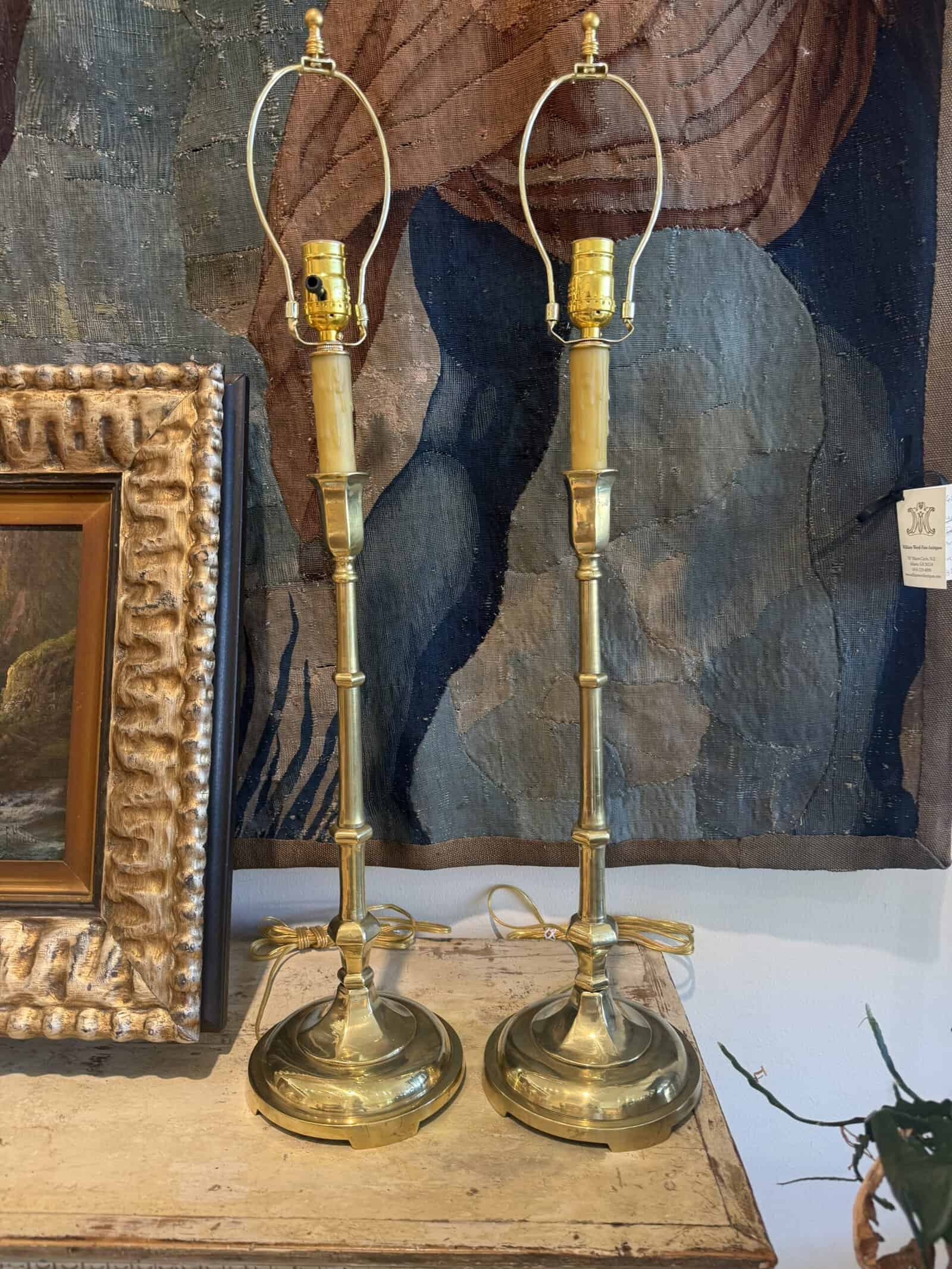 Pair of Tall Solid Brass Faux Bamboo Candlesticks, Wired as Lamps, Early 20th Century