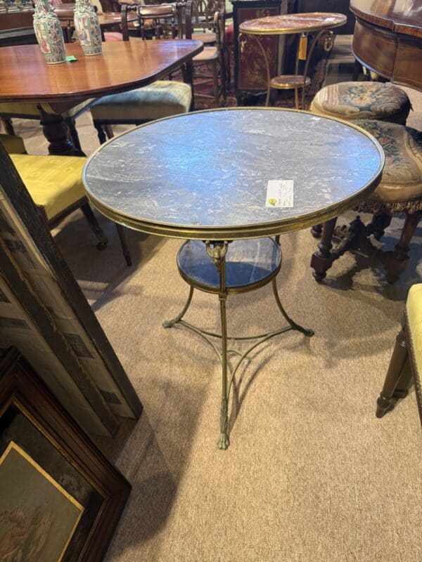19th Century French Louis XVI Style Gueridon in Bronze with Grey Marble Top and Rams Head Detail