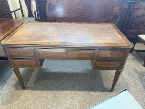 French Directoire Style Writing Table in Walnut and Kingswood with Brown Leather Top,  5 Drawers and Slides, 20th Century