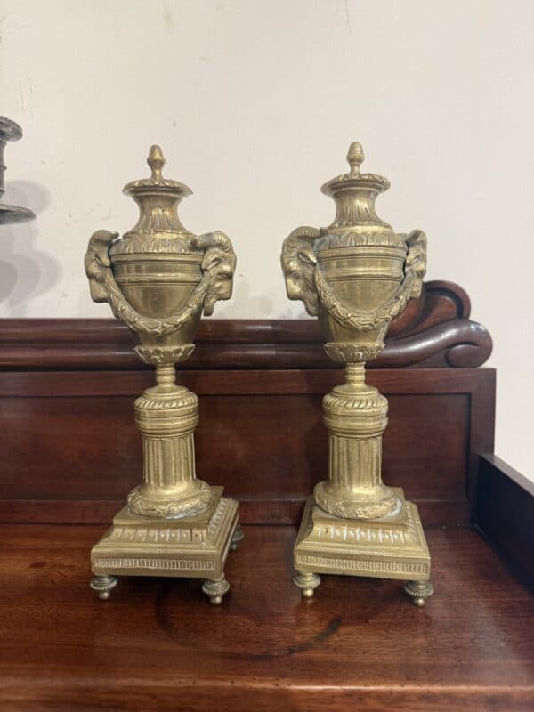 Pair of French Louis XVI Style Bronze Candlesticks / Cassolettes with Rams Head & Swag Detail, 19th Century