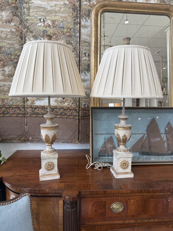 Pair of Italian Painted & Parcel Giltwood Urns, Wired as Lamps, ca. 1890