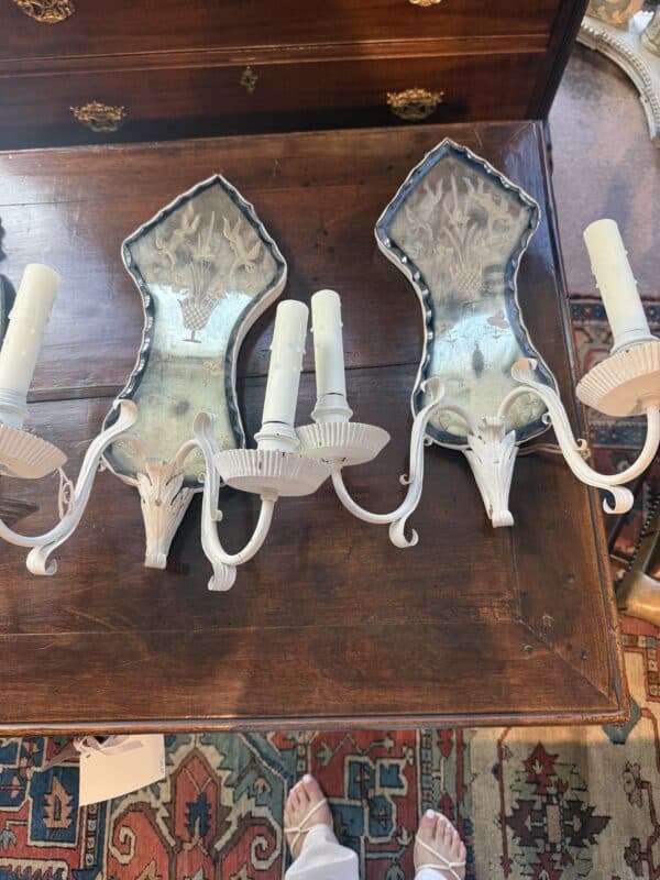 Pair of White Painted Mirrored Wall Sconces, 20th Century