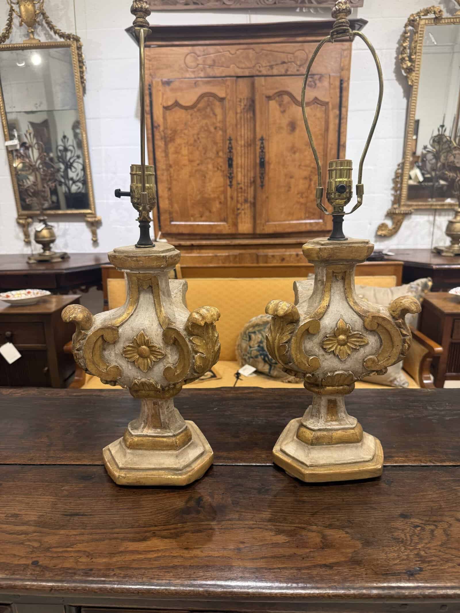 Pair of Italian Painted & Parcel Gilt Architectural Elements, Wired as Lamps, ca. 1890