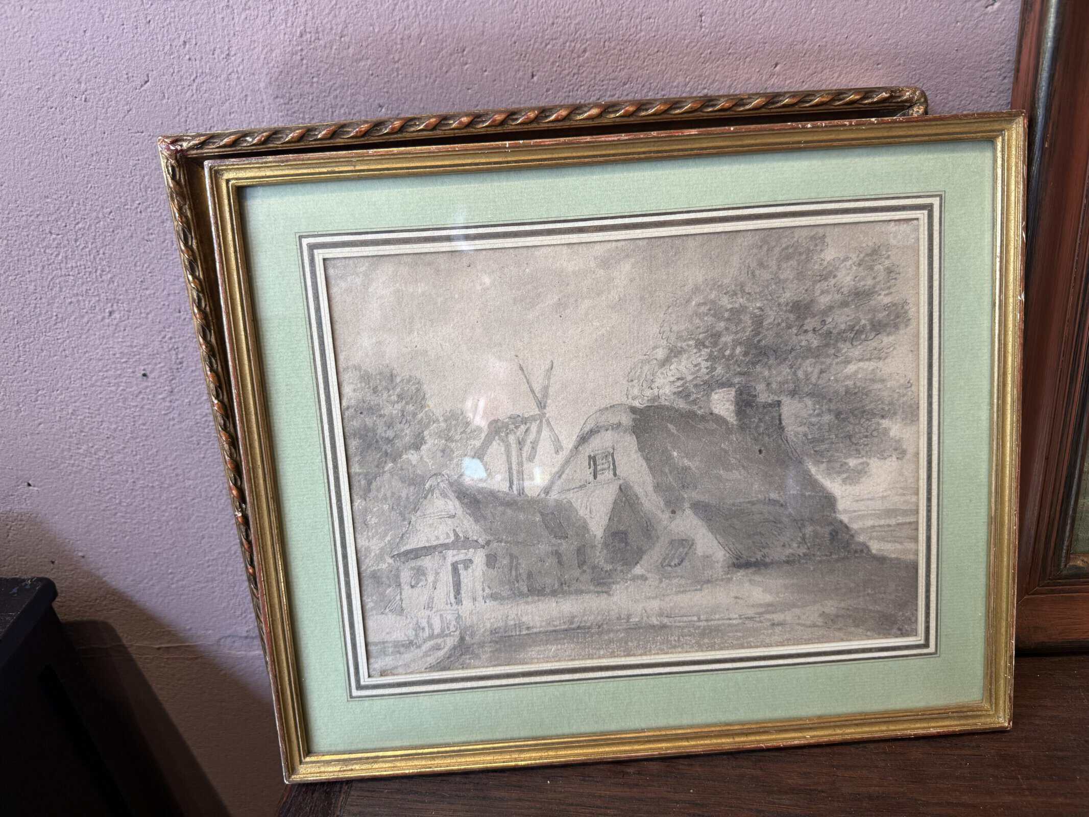 Framed 18th C French Drawing of House Watercolor Gouche with Ink, Green Mat