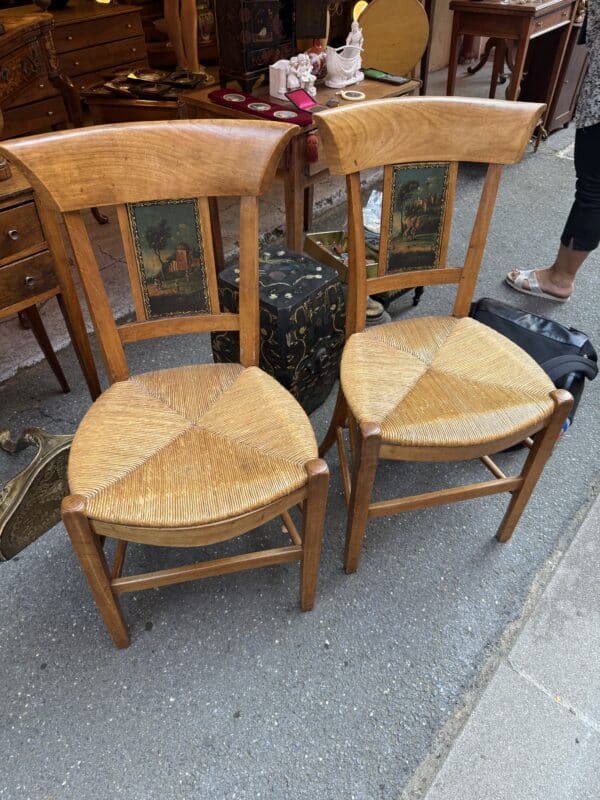 Pair of French Directoire Side Chairs with Rush Seats & Painted Backsplats, ca. 1800