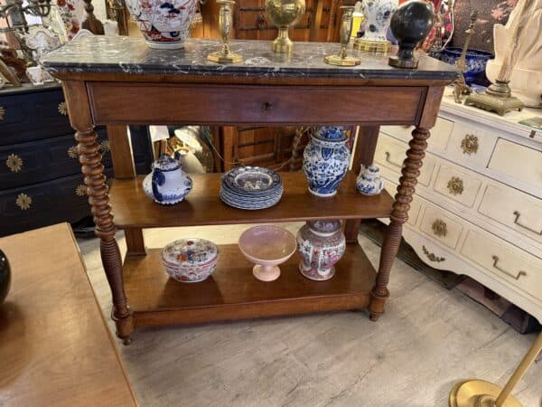 Shallow 19th Century French Walnut & Mahogany Dessert Console with Bobbin Turned Legs & Grey Marble Top