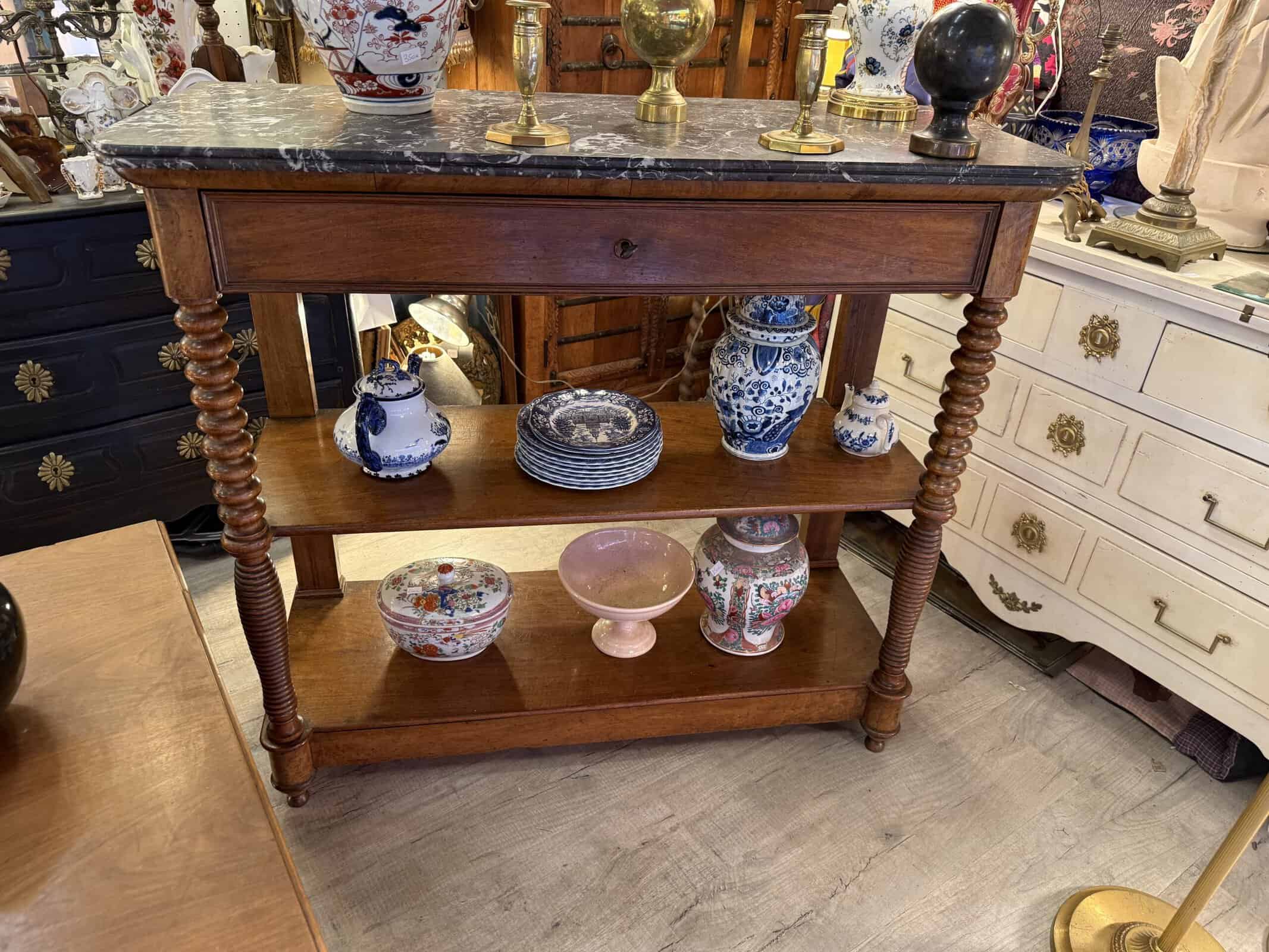 Shallow 19th Century French Walnut & Mahogany Dessert Console with Bobbin Turned Legs & Grey Marble Top