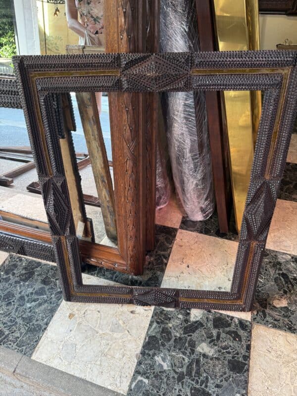 Tramp Art Frame with Green Velvet, for Mirror, France ca. 1880