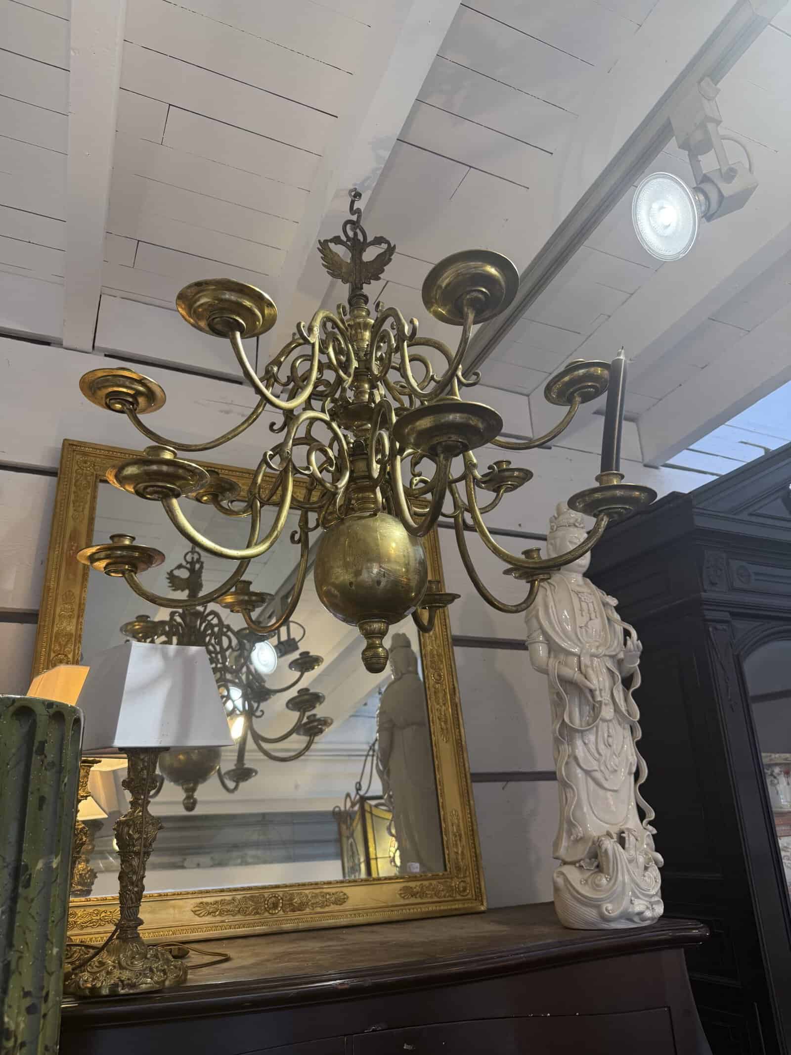 Large 17th Century Dutch Bronze Chandelier with 16 Lights