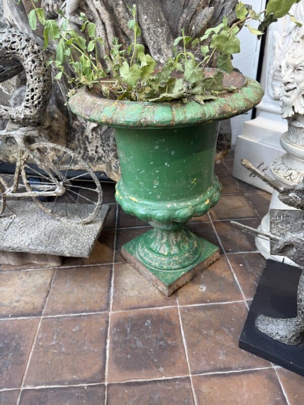 Pair of Green Painted Cast Iron Garden Urns, France 19th C