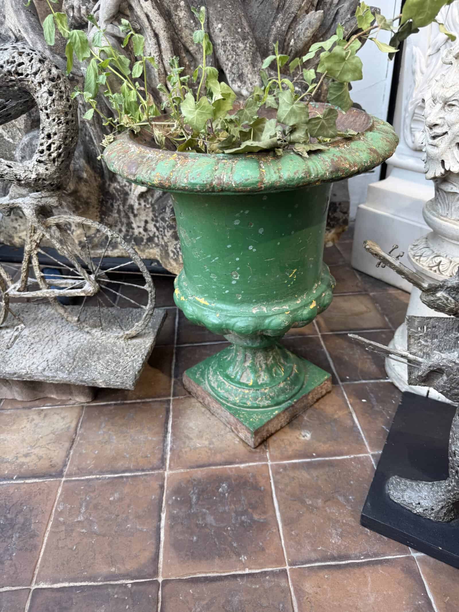 Pair of Green Painted Cast Iron Garden Urns, France 19th C