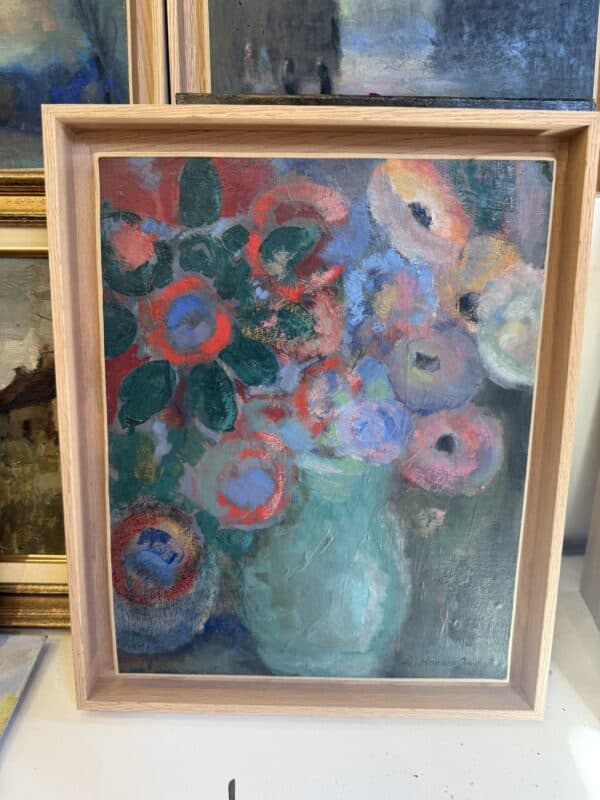 Framed Oil on Canvas Floral Painting by Herzari Fend ca. 1970