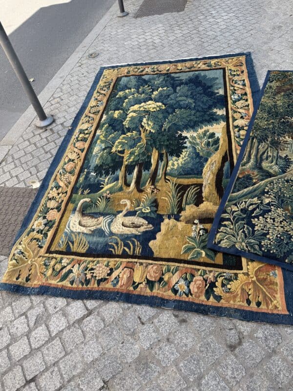 17th Century French Aubusson Tapestry with Original Border & Swans in Forest Scene