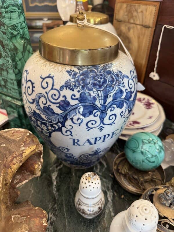 Set of 2 18th Century Dutch Blue & White Tobacco Jars. 1 with hairline crack to secure.