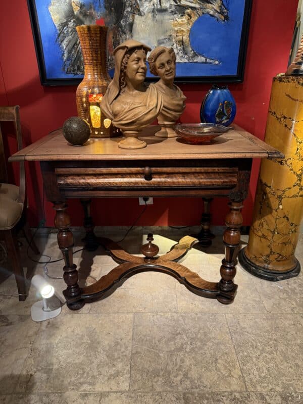 18th Century French Louis XIV Style Walnut Table with Drawer & Cross Stretcher