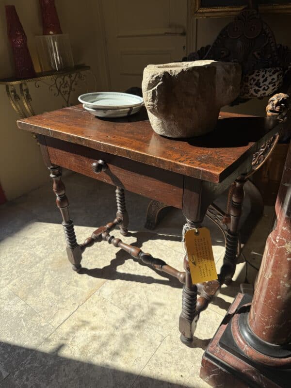 17th Century French Louis XIII Walnut Side Table with Turned Legs & Drawer