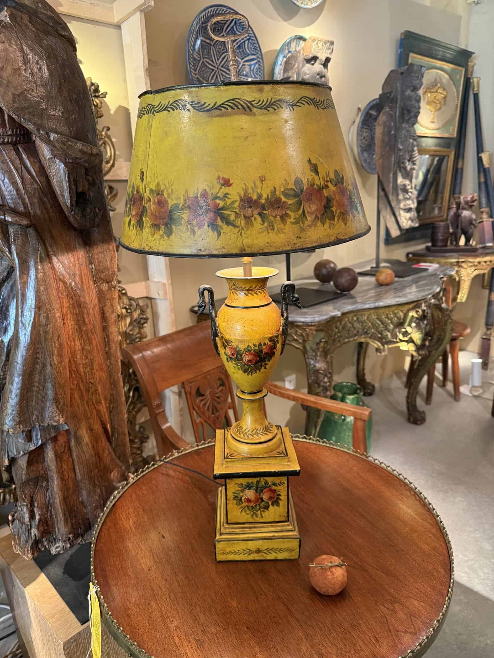 Large French Directoire Yellow Painted Tole Bouillotte Lamp with Floral Detail, ca. 1800