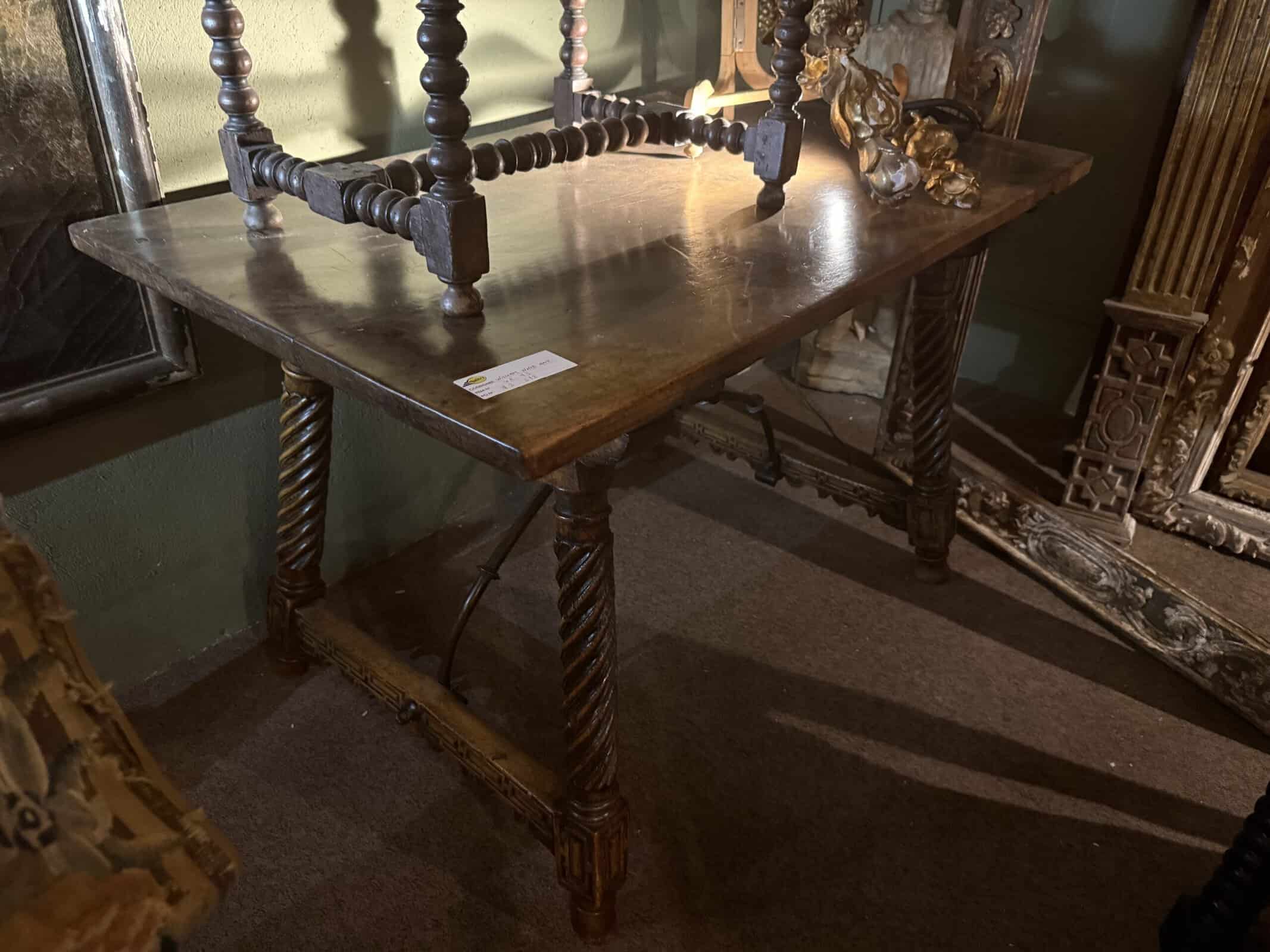 17th Century Spanish Walnut Fratino Table with Twisted Legs & Iron Stretchers