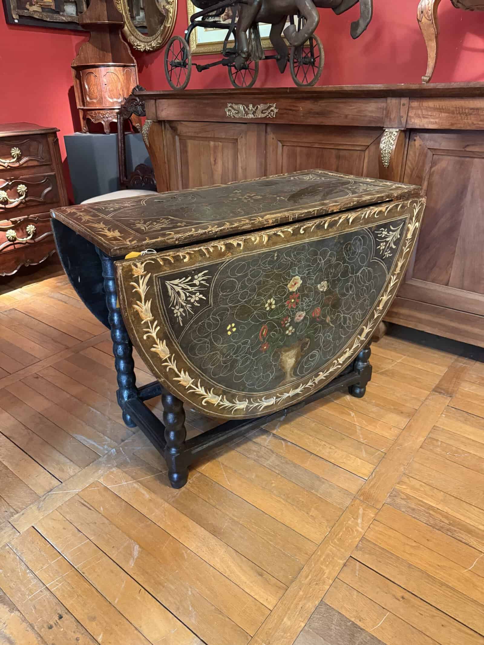 17th Century English Drop Leaf Gate Leg Oak Table with Painted Top - Image 2