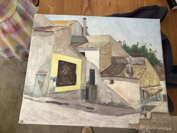Cubist Style Oil on Board Painting of Street Scene, France dated 1961