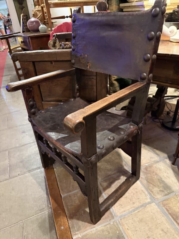 18th Century Spanish Walnut & Leather Armchair