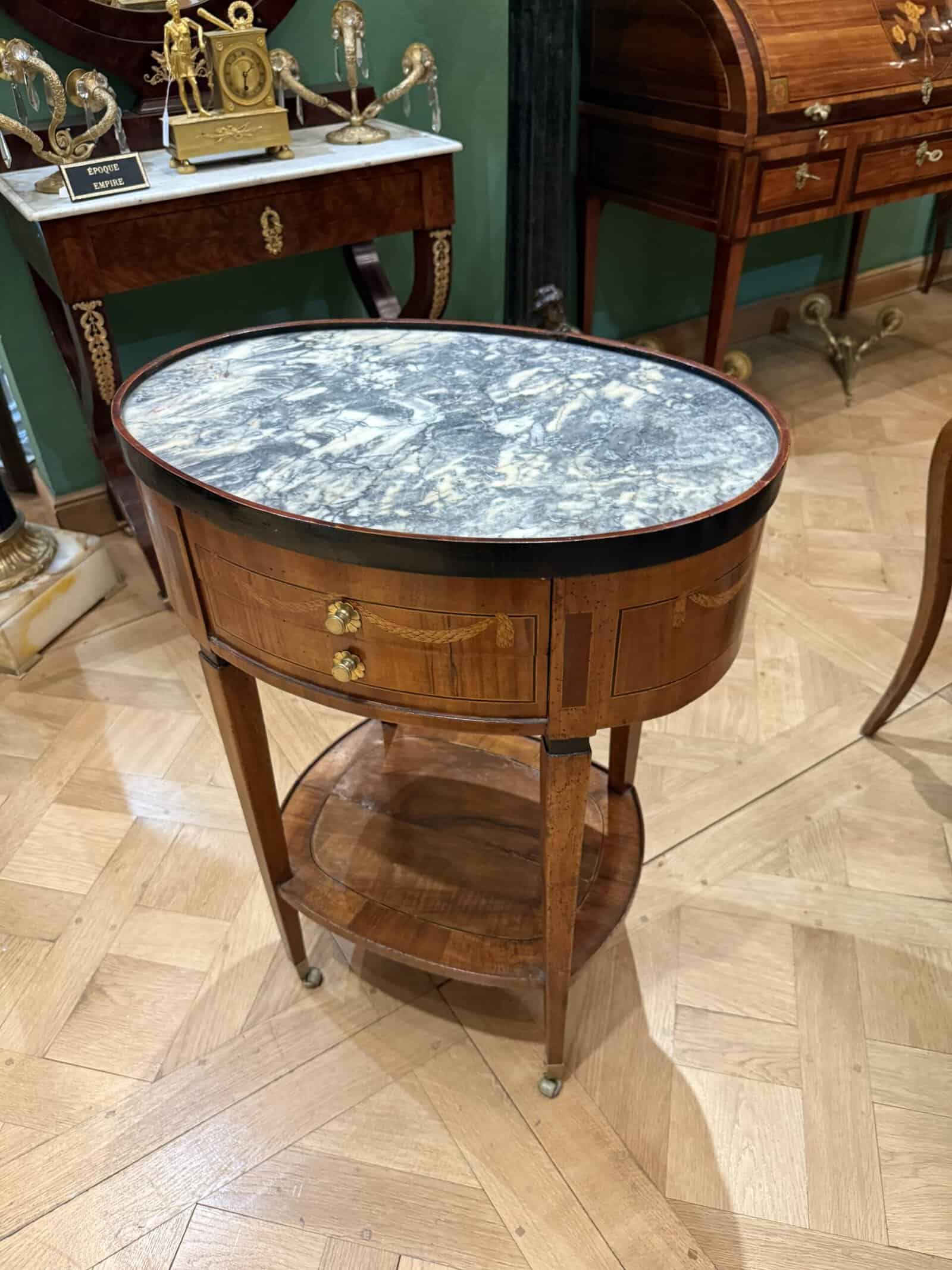 Oval 18th Century Italian Neoclassical Side Table with Green Marble Top & Inlay, ca. 1780