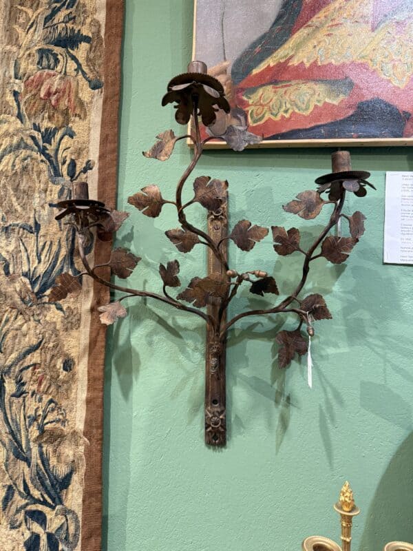 French Wrought Iron Wall Leaf Sconces with 2 Lights ca. 1900