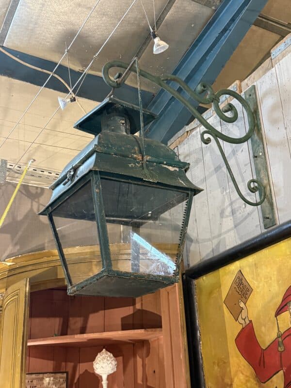 Large 19th Century French Green Painted Street Lantern with Wall Bracket