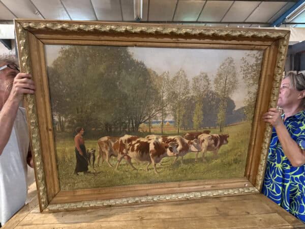 Large Giltwood Framed Oil on Canvas Painting with Cows in Landscape, France ca. 1920